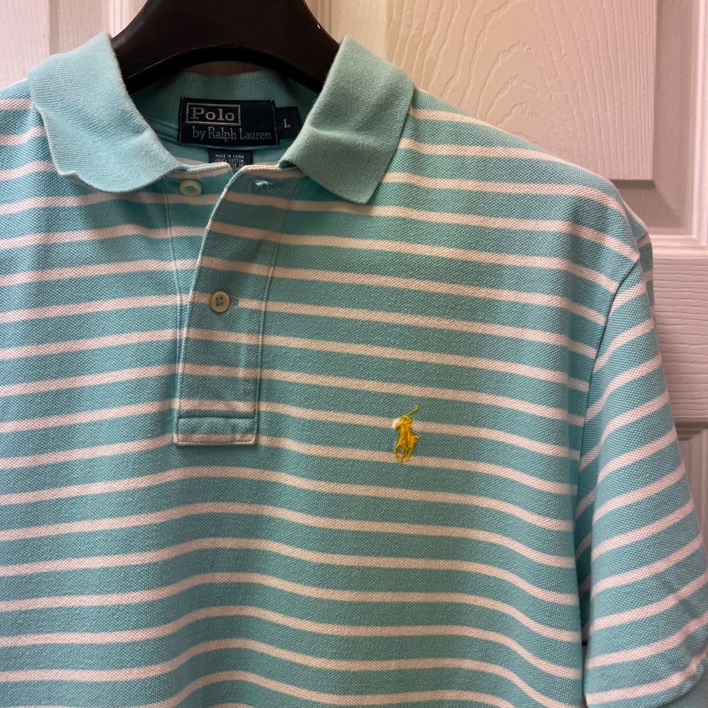 Polo Ralph Lauren Men's Size Large Turquoise Striped Polo Shirt Yellow Pony